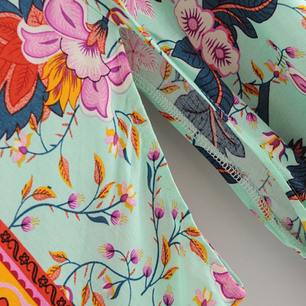 Boho Floral Print Belted Kimono Cover up Beach Red - Picture 3 of 8